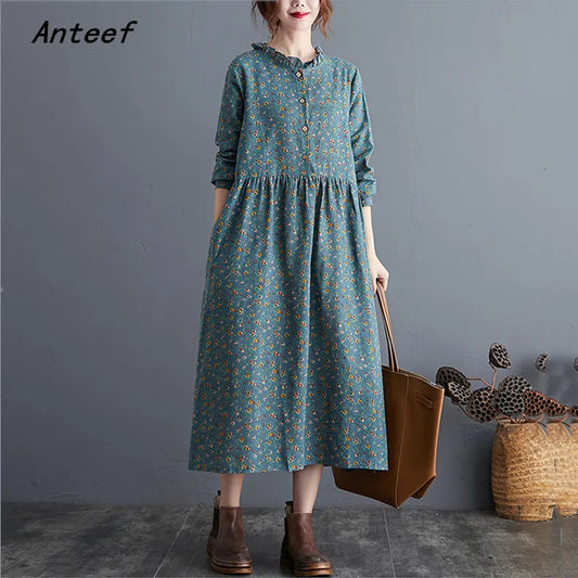 Vintage Floral Autumn Linen Dresses